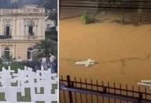 Cruzes que simbolizavam vítimas da tragédia de 15 de fevereiro em Petrópolis são levadas por inundação